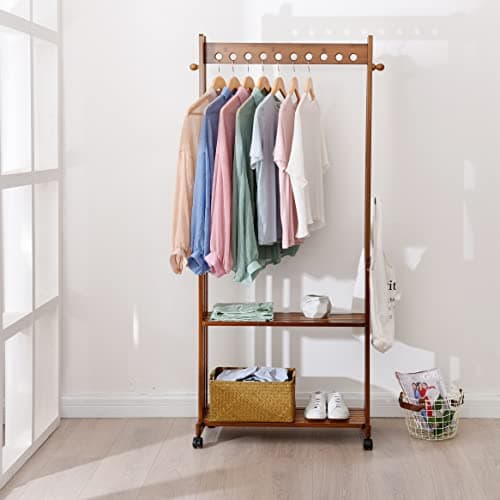 Portable Bamboo Clothing Rack with Double Layer Storage and Hooks (27.6L x 13W x 65.4H)