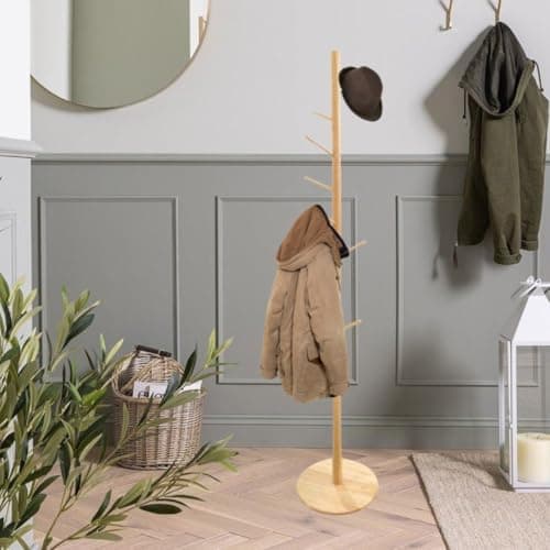 Solid Wood Coat Rack with 8 Hooks, 3 Height Adjustments, Natural Finish (Perchero)