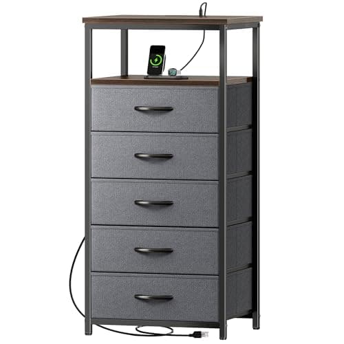 Huuger 33.9 Inch Tall Night Stand with Charging Station & 4 Drawers, Gray