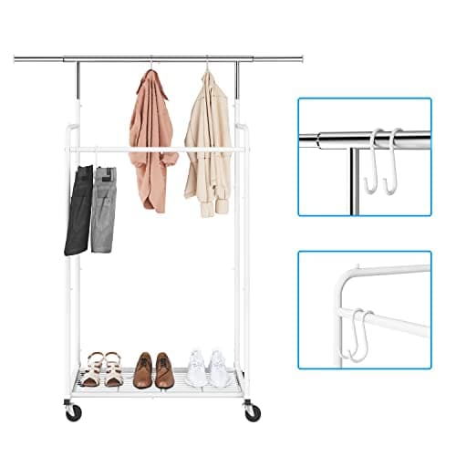 Extendable Rolling Clothing Organizer with Hooks and Shelves, White