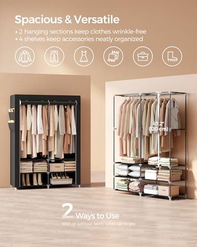 SONGMICS Spacious Portable Closet with Shoe Rack & Cover, 2 Rods, Shelves, & Pockets, Black URYG008B02