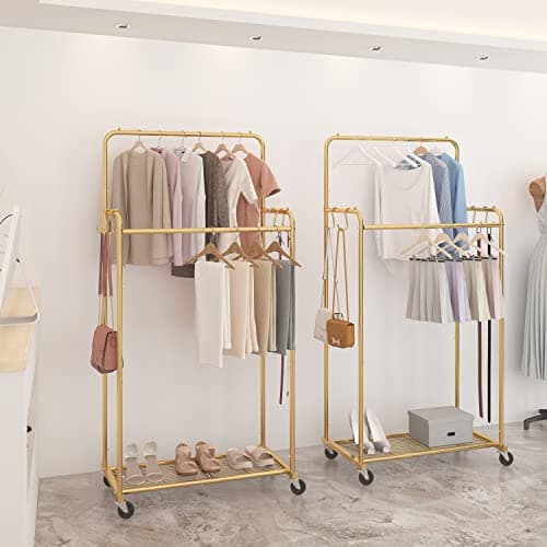 Heavy Duty Gold Rolling Clothing Rack with 4 Hooks for Hanging Clothes