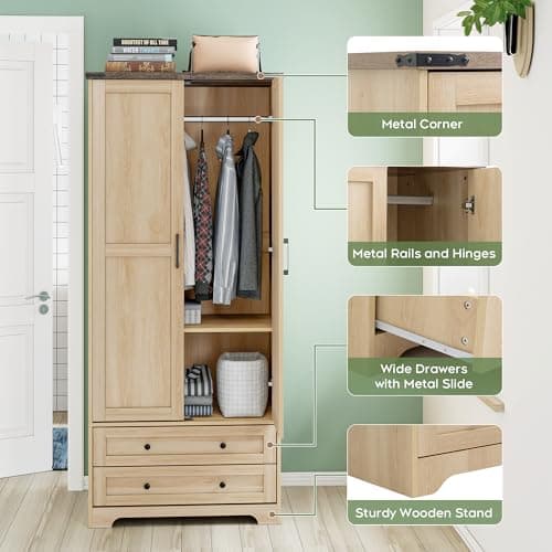 Yechen 71" Natural Wooden Storage Armoire with Adjustable Shelves & Hanging Rail