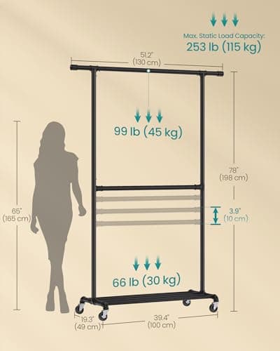 SONGMICS Heavy-Duty Double-Rod Clothes Rack with Casters, Black Adjustable Metal Frame UHSR62BK