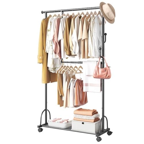 Double Rod Clothes Rack with Wheels - Rolling Garment Rack with Shelf, Sturdy Closet Organizer, Easy Assembly