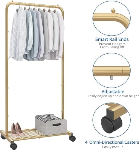 Golden Yellow Clothing Rolling Rack with Mesh Storageshelf