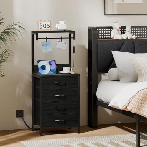 Furnulem Black Oak Tall Nightstand with Charging & LED Lights