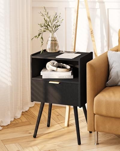 Black Modern Nightstand with Outlet and Storage, Solid Wood Legs, Easy Assembly