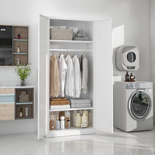 White Metal Armoire Wardrobe 71" Tall with Shelves and Rod