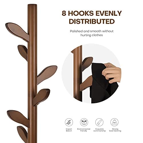 Vintage Brown Freestanding Coat Rack with 8 Hooks, 3-Size Adjustable for Entryway and Bedroom