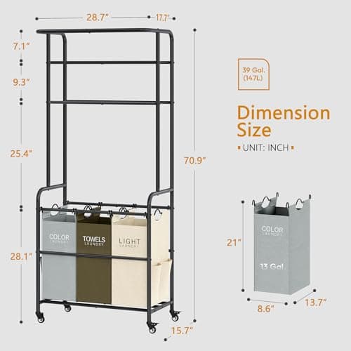 Gewudraw 3-Section Laundry Hamper Cart with Hanging Rack & 2-Tier Shelf