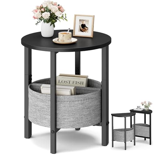 Vagusicc Small Round End Table with Fabric Basket, Set of 2