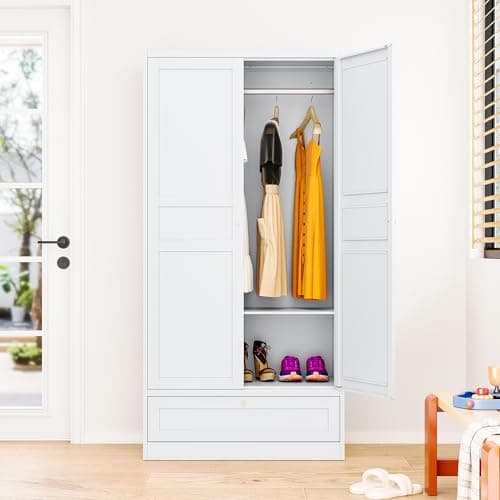 White Metal Armoire Wardrobe with Drawer & Rod, Adjustable Shelves
