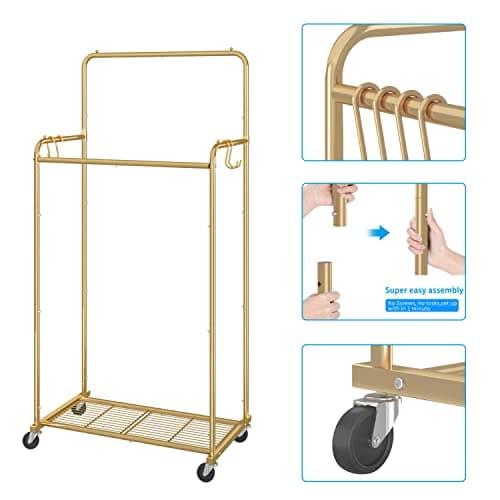Heavy Duty Gold Rolling Clothing Rack with 4 Hooks for Hanging Clothes