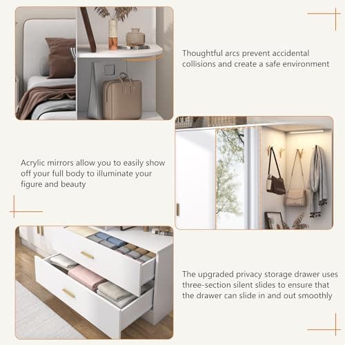 XVD Modern White Wardrobe Closet with Mirror & Sensor Light, 5 Doors & 2 Drawers