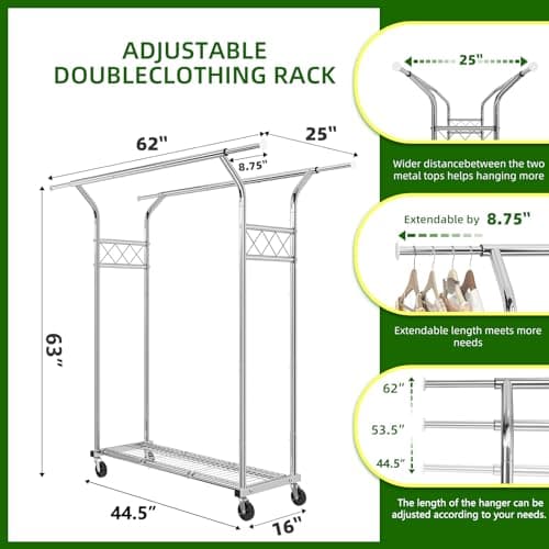 Heavy Duty Rolling Clothes Rack 400 LBS, Standing Metal Garment Rack with Shelves & Sturdy Wheels