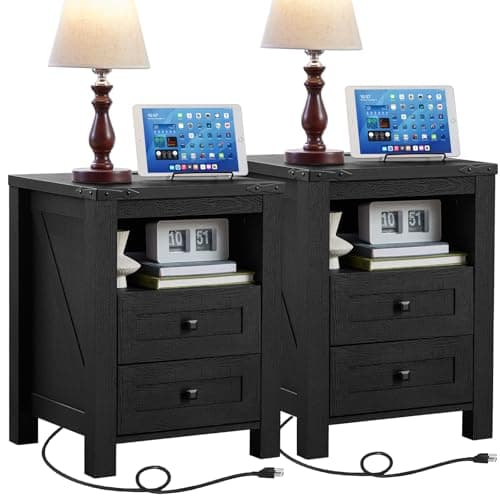 Rustic Brown Nightstands Set of 2 with Charging Station & Drawers