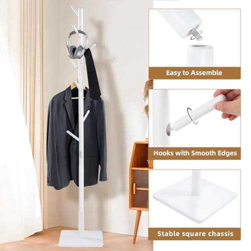 Sturdy Freestanding Coat Rack with 8 Hooks & 3 Sizes, White