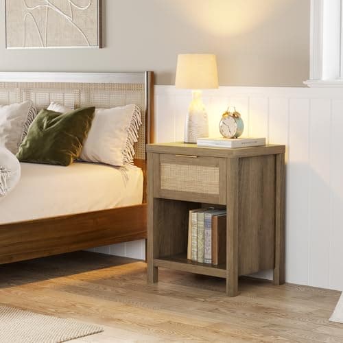 Caramel Oak Boho Rattan Nightstand Set with Drawer & Storage Shelf