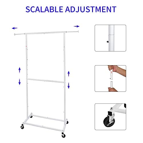 White Metal Double Rod Clothing Rack with Lockable Wheels, Portable Freestanding Organizer