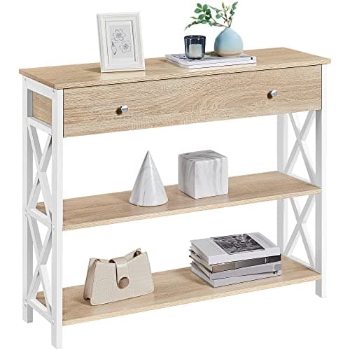 Yaheetech Narrow Console Table with Drawer & Storage Shelves, Light Oak, 3-Tier Living Room Table
