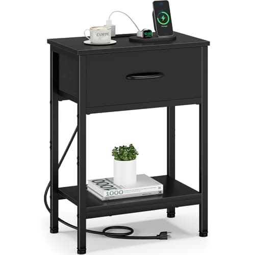 Vagusicc Charging Nightstand Set, Black, 25.4" Tall, Bedside Table with Storage