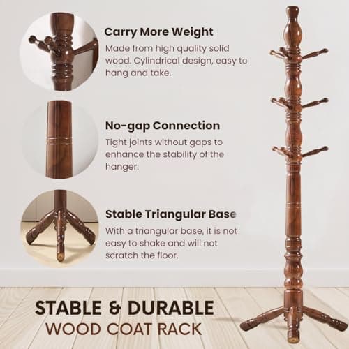 Walnut Freestanding Hall Tree with 3 Heights & 9 Hooks for Home Office