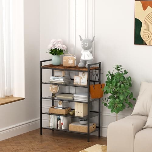 Height-Adjustable 4-Tier Metal Shoe Rack with Steel Frame and Hook, Sturdy Wooden Top
