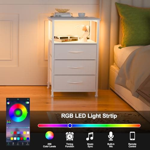 White Nightstand with LED Light, 3 Fabric Drawers for Small Spaces