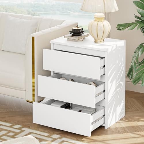 Fotosok White 3-Drawer Nightstand with Cut-Out Handle