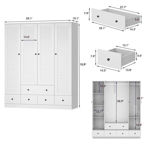MOUMON 4-Shelf Armoire Wardrobe with 2 Rods, White (59" W x 19" D x 70.9" H)