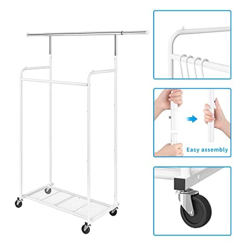 Extendable Rolling Clothing Organizer with Hooks and Shelves, White