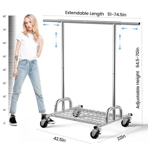 Heavy Duty 450 lbs Clothing Rack with Shelves, Lockable Wheels, Portable Garment Rack