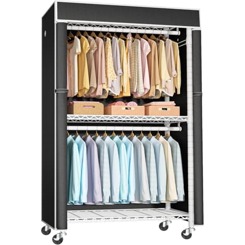 P1C Rolling Metal Closet Rack with Cover, Black, 450LB Load Capacity
