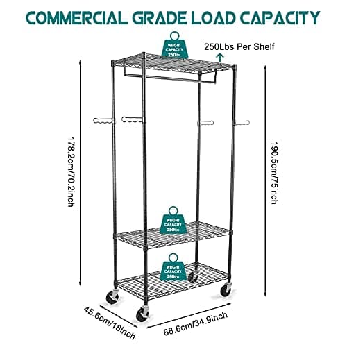 Large Heavy Duty WDT Rolling Clothes Rack with Shelves & Adjustable Garment Rods
