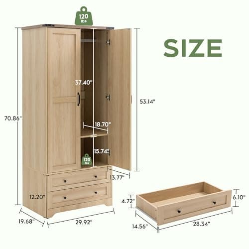 Yechen 71" Natural Wooden Storage Armoire with Adjustable Shelves & Hanging Rail