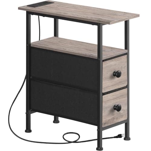 HOOBRO Adjustable End Table with Charging Station, Rustic Brown & Black, BF486UBZP201