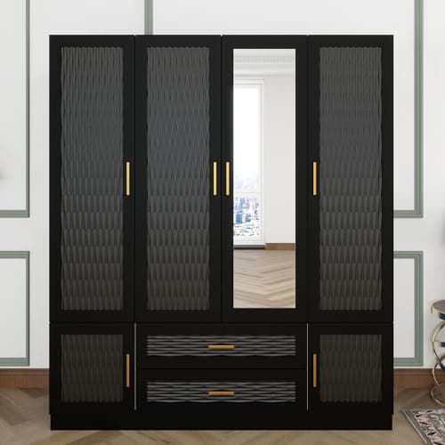 White Large Wood Armoire Wardrobe with 4 Doors 2 Drawers Shelves Hanging Rails