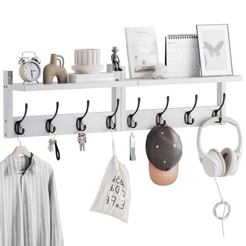 Bamboo Wall Mount Coat Rack with Shelf, 2 Pack, 8 Hooks (Natural)