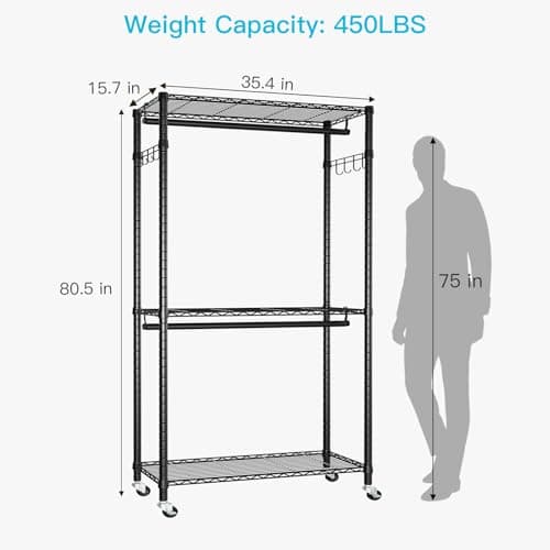 Heavy Duty 3-Tier Metal Closet Organizer, Rolling with Lock & Hooks, Max 450 LBS, Black