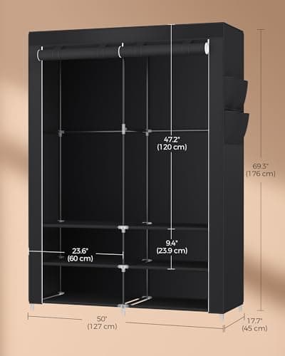 SONGMICS Spacious Portable Closet with Shoe Rack & Cover, 2 Rods, Shelves, & Pockets, Black URYG008B02