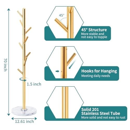 Golden Solid Stainless Steel Coat Rack with 8 Hooks and Natural Marble Base