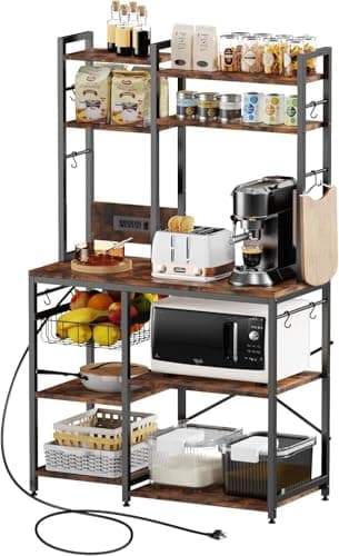 Rustic Brown Standing Baker’s Rack with Power Outlet & 6-Tier Stand