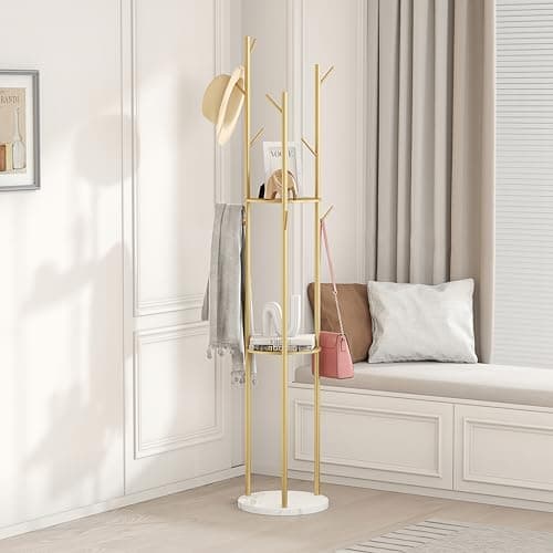 Gold Coat Rack Stand with 3 Shelves & 9 Hooks, Marble Base & Tree Hanger