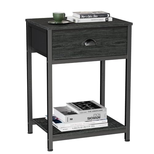 Furologee Black Oak Small Nightstand with Fabric Drawer & Storage Shelf