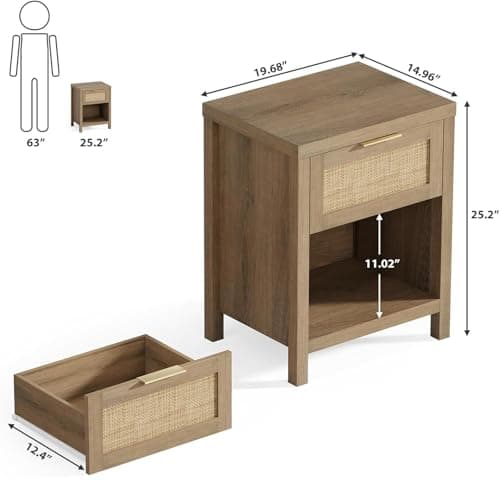 Caramel Oak Boho Rattan Nightstand Set with Drawer & Storage Shelf