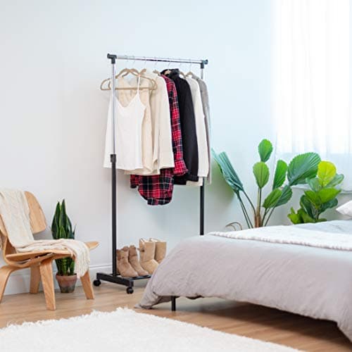 IRIS USA Portable Clothes Rack, Height Adjustable with Lockable Wheels, Single Rod Wardrobe