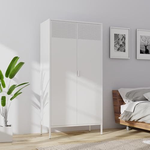 White Metal Storage Wardrobe 71''H with Rod & Adjustable Shelves for Home Office School Gym