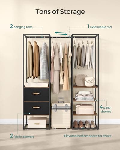 SONGMICS Rustic Brown Freestanding Closet Rack with 2 Drawers & 4 Shelves