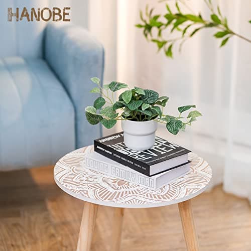 Hanobe Boho White Washed Side Table Set of 2 for Living Room and Bedroom